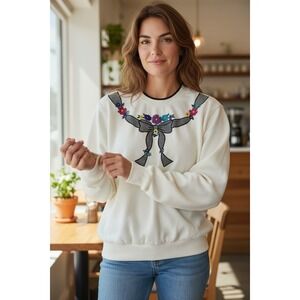 Alfred Dunner Women's Cream Bow Sweatshirt Size S Grandma Cottagecore y2k